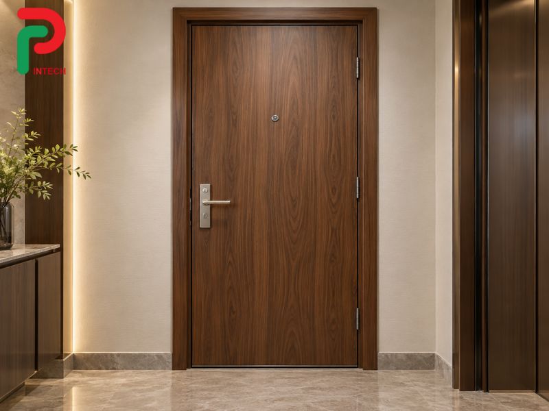 Cửa Chung Cư Thép Vân Gỗ Đặt Mắt Thần Cao Bao Nhiêu Hợp Lý?